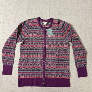 Vtg LL Bean Women Sweater Small Royal Plum Fair Isle Cotton Cashmere Cardigan